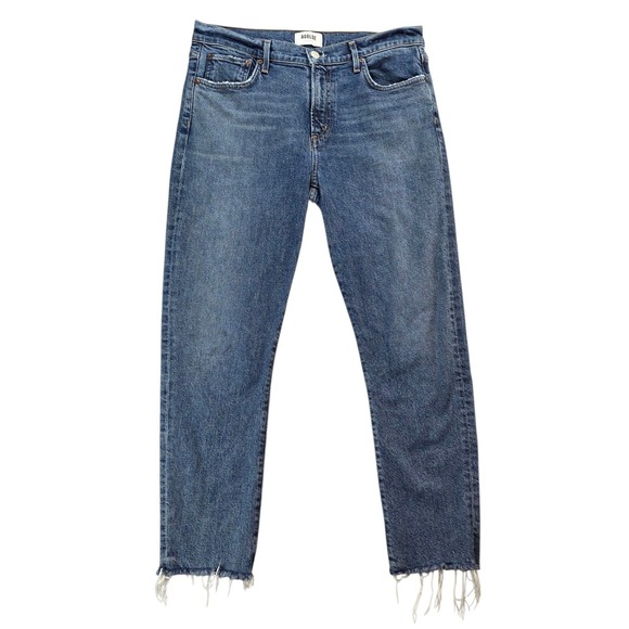 AGOLDE Toni Mid Rise Straight Dime Jeans Distressed Fray Hem Denim Size 29 - Picture 1 of 11